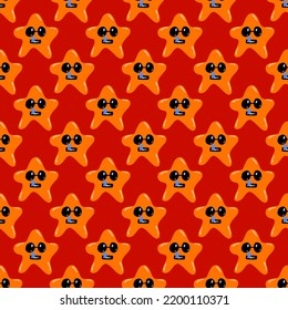 Seamless trick or treat halloween party red vector pattern with orange star faces with black big eyes for autumn holiday gift and wrapping paper or textile