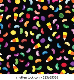 Seamless trick or treat vector pattern with jelly beans and candy corn. Halloween candy sweet illustration.