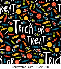 Seamless trick-or-treat pattern with various candies and lollipops. Vector illustration