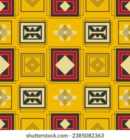 Seamless tricolor pattern in Bauhaus style. Retro palette. Yellow background. Vector illustration