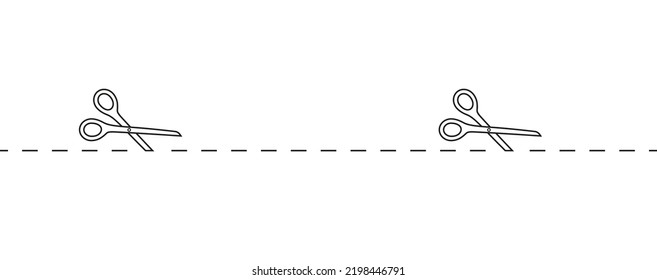 Seamless trim ribbon with scissor isolated. Black shear crop border on white coupon background. Dash marks on voucher. Scissor with dot cut line. Vector illustration.