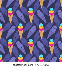 Seamless triple cone ice cream pattern. Hand-drawn colorful summer food vector. Doodle ice-cream background for kitchen, restaurant and food design. EPS 8