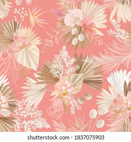 Seamless tropic floral pattern, pastel dry palm leaves, boho tropical flower, orchid, protea. Vector illustration design, watercolor trendy style for fashion textile, texture, fabric, wallpaper