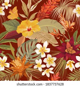 Seamless tropic floral vector texture. Boho dry palm leaves, watercolor tropical flowers pattern. Luxury illustration design for fashion textile, fabric, wallpaper, cover, backdrop