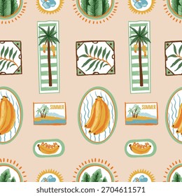 Patrón de Vector de frutas tropicales sin fisuras con etiquetas de verano, palmeras y marcos decorativos.