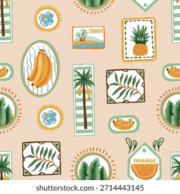 Seamless tropic fruits vector pattern with summer labels, palm trees and decorative frames.