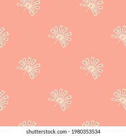 Patrón trópico sin foco en un estilo minimalista con formas de palmas folclóricas de doodle blanco. Fondo rosa. Fondo decorativo para el diseño de tejidos, impresión textil, envoltura, cubierta. Ilustración vectorial.