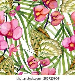 Seamless tropic pattern with orchids and butterflies. Watercolor hand drawing. Vector illustration