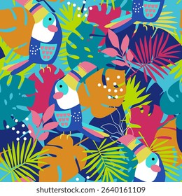 Seamless tropic pattern with toucan. Bright pattern for textile, fabric, stationary, swim wear and other design.