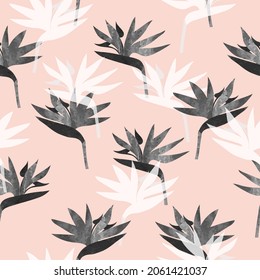 Seamless tropic pattern with watercolor strelitzia flowers. Vector floral background.