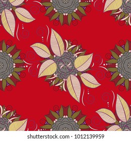 Seamless. Tropic plant. Vivid tropical flowers and leaves on red, gray and purple background. Vector flat illustration.