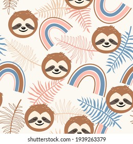 Seamless tropical abstract pattern with sloth cute face, palm leaves and rainbow in scandinavian style