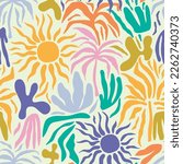 Seamless tropical abstract pattern with sun, palm tree, leaves. Summer texture. Vector illustration