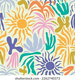 Seamless tropical abstract pattern with sun, palm tree, leaves. Summer texture. Vector illustration