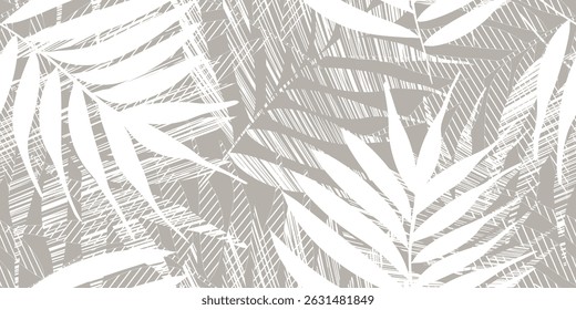Seamless tropical art. Hawaiian foliage, boho-California florals. Flat botanical designs for beach decor, fabric fashion, and jungle graphics. Abstract black accents.