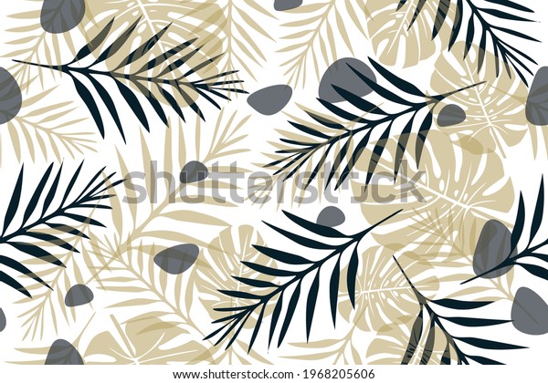 banana leaves, branches in blue and pastel beige colors with abstract spots in a modern style. Background for a wallpaper for walls printing.