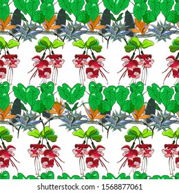 Seamless Tropical Background With Banana And Monstera Leaves And Tropical Flowers. Jungle Pattern  For Textile Or Book Covers, Manufacturing, Wallpapers, Print, Gift Wrap And Scrapbooking.