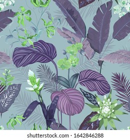 Seamless Tropical Background, Floral Print with Exotic Guzmania Orchid Blossoms, Jungle Flowers and Leaves, Rainforest Plants, Nature Ornament for Textile Cloth or Wrapping Paper Vector Illustration