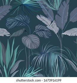 Seamless Tropical Background, Floral Wallpaper Print with Exotic Jungle Leaves, Rainforest Plants, Nature Ornament for Textile or Wrapping Paper Decorative Summer Orchard Pattern. Vector Illustration