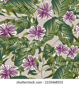 Seamless tropical background with flowers and leaves. Graphic arts. material, advertising booklets. Stylized as a watercolor.