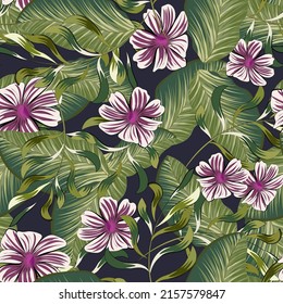 Seamless tropical background with flowers and leaves. Graphic arts. material, advertising booklets. Stylized as a watercolor.