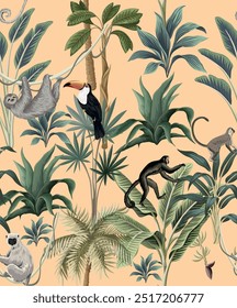 Seamless tropical Background Illustration for Wall Mural, Birds, Animal, Manky, Watercolor Background.