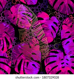 Seamless Tropical background - multicolor iridescent with gold vector monstera leaves. Botanical vector wallpaper of palms leaves