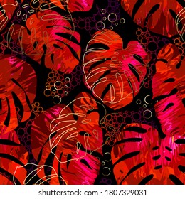 Seamless Tropical background - multicolor iridescent with gold vector monstera leaves. Botanical vector wallpaper of palms leaves