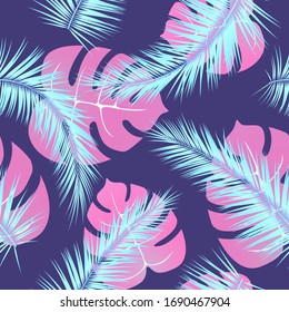 Seamless tropical background with neon palm branches