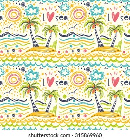 Seamless tropical background with palm trees, sun. clouds and sea.