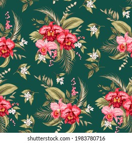 Seamless tropical background with pink orchid and palm leaves in Vintage style for summer dress fabrics