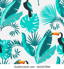 Seamless tropical background. Toucan and foliage. vector illustration.