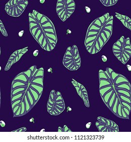 Seamless Tropical Background. Vector Leaves of Alocasia or Philodendron in Watercolor Style. Foliage of Jungle Plants. Exotic Seamless Pattern for Textile, Cloth Design, Fabric, Decor, Wrapping, Tile.