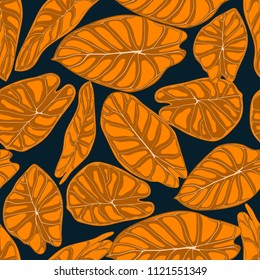 Seamless Tropical Background. Vector Leaves of Alocasia or Philodendron in Watercolor Style. Foliage of Jungle Plants. Exotic Seamless Pattern for Textile, Cloth Design, Fabric, Decor, Wrapping, Tile.