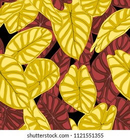 Seamless Tropical Background. Vector Leaves of Alocasia or Philodendron in Watercolor Style. Foliage of Jungle Plants. Exotic Seamless Pattern for Textile, Cloth Design, Fabric, Decor, Wrapping, Tile.