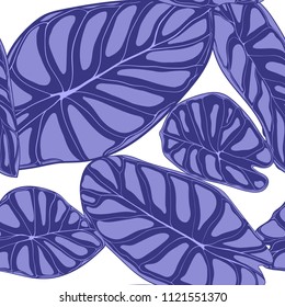 Seamless Tropical Background. Vector Leaves of Alocasia or Philodendron in Watercolor Style. Foliage of Jungle Plants. Exotic Seamless Pattern for Textile, Cloth Design, Fabric, Decor, Wrapping, Tile.
