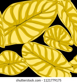 Seamless Tropical Background. Vector Leaves of Alocasia or Philodendron in Watercolor Style. Foliage of Jungle Plants. Exotic Seamless Pattern for Textile, Cloth Design, Fabric, Decor, Wrapping, Tile.