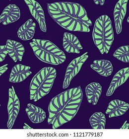 Seamless Tropical Background. Vector Leaves of Alocasia or Philodendron in Watercolor Style. Foliage of Jungle Plants. Exotic Seamless Pattern for Textile, Cloth Design, Fabric, Decor, Wrapping, Tile.