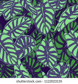 Seamless Tropical Background. Vector Leaves of Alocasia or Philodendron in Watercolor Style. Foliage of Jungle Plants. Exotic Seamless Pattern for Textile, Cloth Design, Fabric, Decor, Wrapping, Tile.