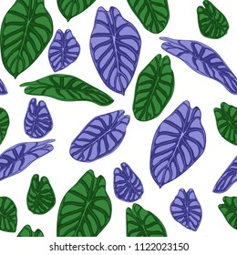 Seamless Tropical Background. Vector Leaves of Alocasia or Philodendron in Watercolor Style. Foliage of Jungle Plants. Exotic Seamless Pattern for Textile, Cloth Design, Fabric, Decor, Wrapping, Tile.