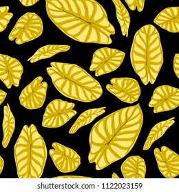 Seamless Tropical Background. Vector Leaves of Alocasia or Philodendron in Watercolor Style. Foliage of Jungle Plants. Exotic Seamless Pattern for Textile, Cloth Design, Fabric, Decor, Wrapping, Tile.