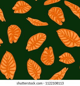 Seamless Tropical Background. Vector Leaves of Alocasia or Philodendron in Watercolor Style. Foliage of Jungle Plants. Exotic Seamless Pattern for Textile, Cloth Design, Fabric, Decor, Wrapping, Tile.