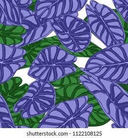Seamless Tropical Background. Vector Leaves of Alocasia or Philodendron in Watercolor Style. Foliage of Jungle Plants. Exotic Seamless Pattern for Textile, Cloth Design, Fabric, Decor, Wrapping, Tile.