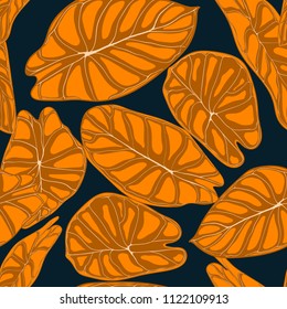 Seamless Tropical Background. Vector Leaves of Alocasia or Philodendron in Watercolor Style. Foliage of Jungle Plants. Exotic Seamless Pattern for Textile, Cloth Design, Fabric, Decor, Wrapping, Tile.