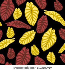 Seamless Tropical Background. Vector Leaves of Alocasia or Philodendron in Watercolor Style. Foliage of Jungle Plants. Exotic Seamless Pattern for Textile, Cloth Design, Fabric, Decor, Wrapping, Tile.
