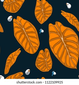 Seamless Tropical Background. Vector Leaves of Alocasia or Philodendron in Watercolor Style. Foliage of Jungle Plants. Exotic Seamless Pattern for Textile, Cloth Design, Fabric, Decor, Wrapping, Tile.