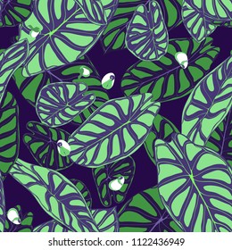 Seamless Tropical Background. Vector Leaves of Alocasia or Philodendron in Watercolor Style. Foliage of Jungle Plants. Exotic Seamless Pattern for Textile, Cloth Design, Fabric, Decor, Wrapping, Tile.