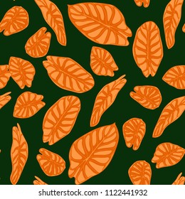 Seamless Tropical Background. Vector Leaves of Alocasia or Philodendron in Watercolor Style. Foliage of Jungle Plants. Exotic Seamless Pattern for Textile, Cloth Design, Fabric, Decor, Wrapping, Tile.