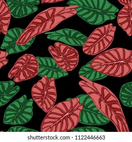 Seamless Tropical Background. Vector Leaves of Alocasia or Philodendron in Watercolor Style. Foliage of Jungle Plants. Exotic Seamless Pattern for Textile, Cloth Design, Fabric, Decor, Wrapping, Tile.