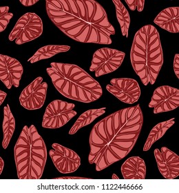 Seamless Tropical Background. Vector Leaves of Alocasia or Philodendron in Watercolor Style. Foliage of Jungle Plants. Exotic Seamless Pattern for Textile, Cloth Design, Fabric, Decor, Wrapping, Tile.